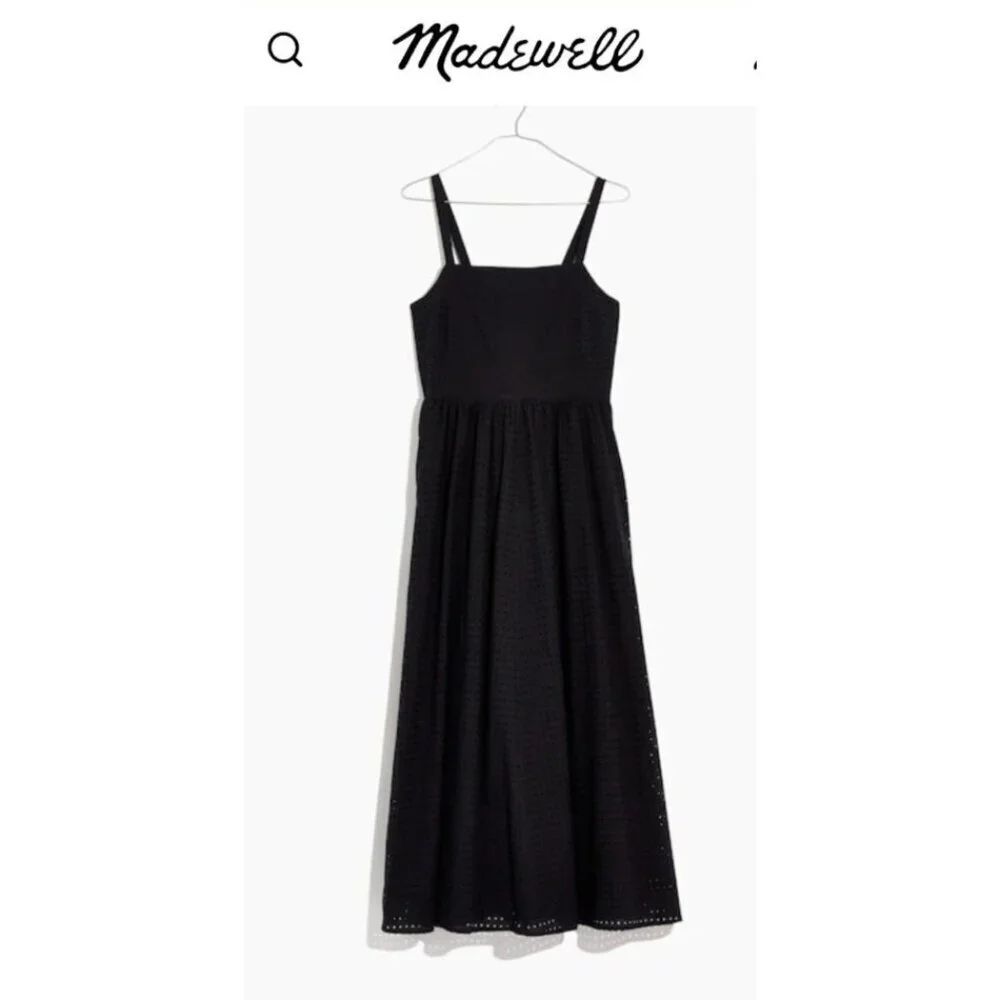 Madewell Black Eyelet Bow Back Midi Dress Cotton Size 4 Spaghetti Straps